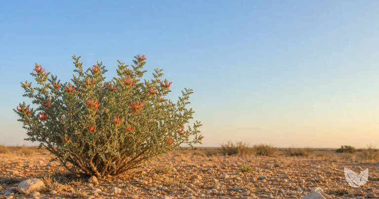 Sutherlandia frutescens shrub with scarlet-orange tubular flowers in Karoo scrubland