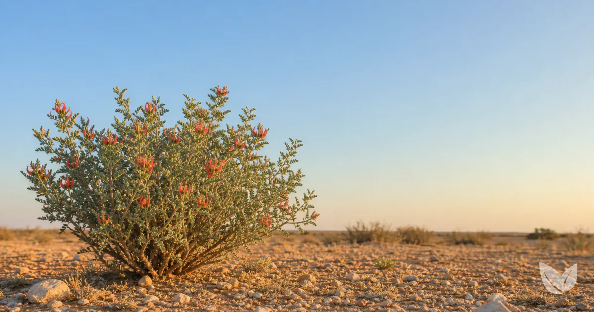 Sutherlandia frutescens shrub with scarlet-orange tubular flowers in Karoo scrubland