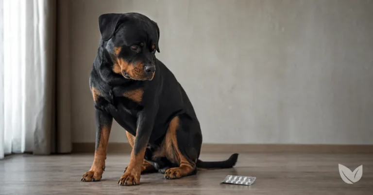 Rottweiler with atopic dermatitis beside a rejected blister pack of antihistamine tablets