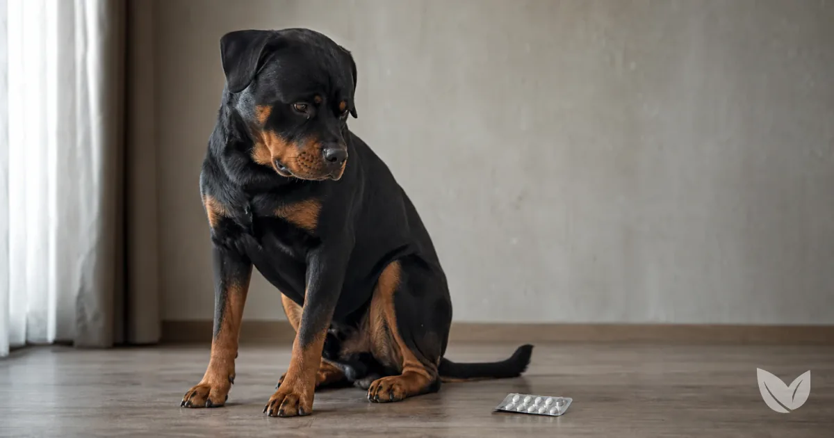 Rottweiler with atopic dermatitis beside a rejected blister pack of antihistamine tablets
