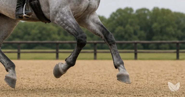 Dapple grey horse hoof and lower leg on a dry stable yard — biotin and hoof nutrition