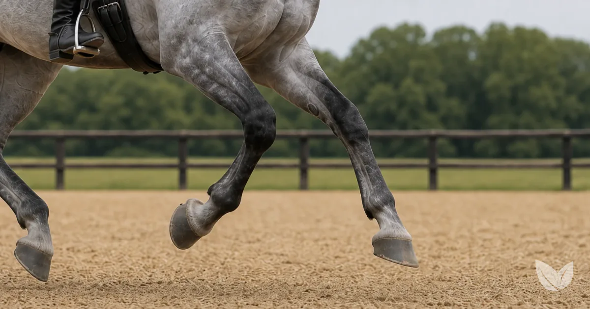 Dapple grey horse hoof and lower leg on a dry stable yard — biotin and hoof nutrition