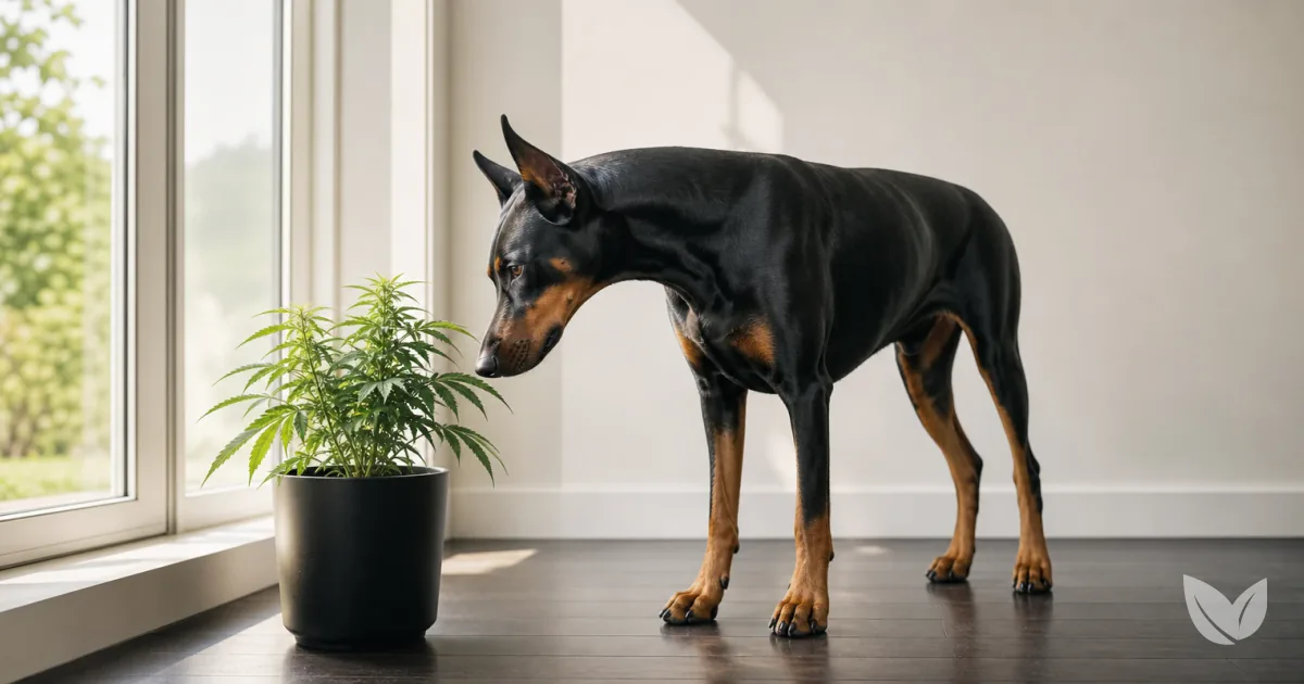 Mixed breed dog by a windowsill cannabis plant — CBD dosing for dogs requires careful species-specific calculation