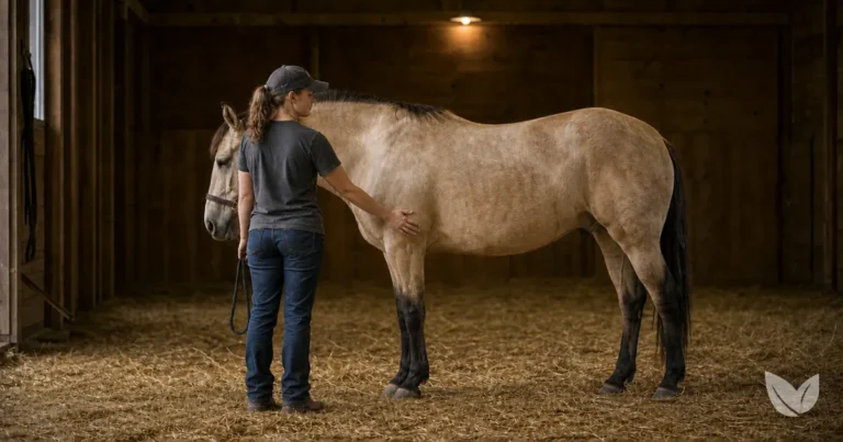 Uneasy bay horse standing in a dim stable — colic and equine emergencies need a vet, not a forum