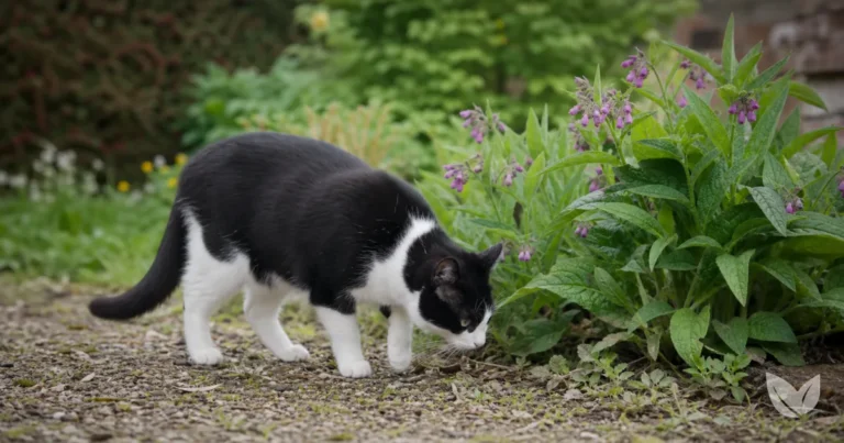 Brown tabby cat beside a comfrey plant in flower — pyrrolizidine alkaloids make comfrey toxic internally