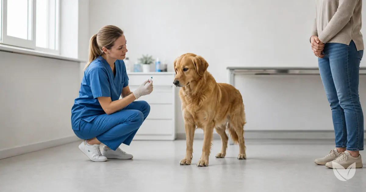 Golden tan dog in a veterinary consulting room beside an owner, illustrating glucocorticoid side-effect risks