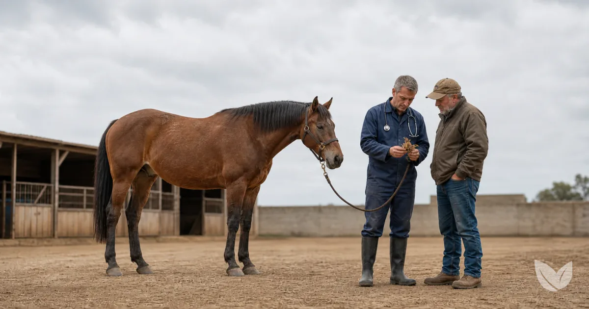 Dapple grey horse on a stable yard with devil's claw root and hooked seed pods on the ground