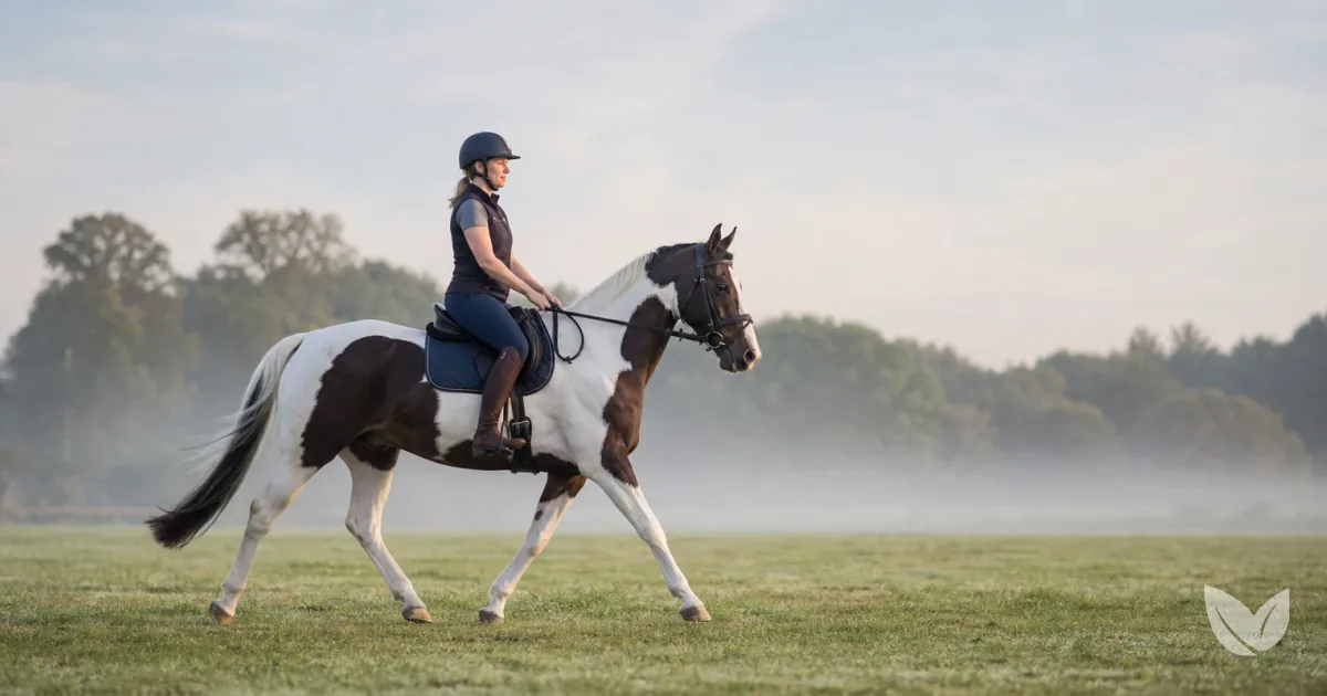 Dapple grey horse moving freely in a misty grass paddock — devil's claw, MSM and glucosamine for equine joint support