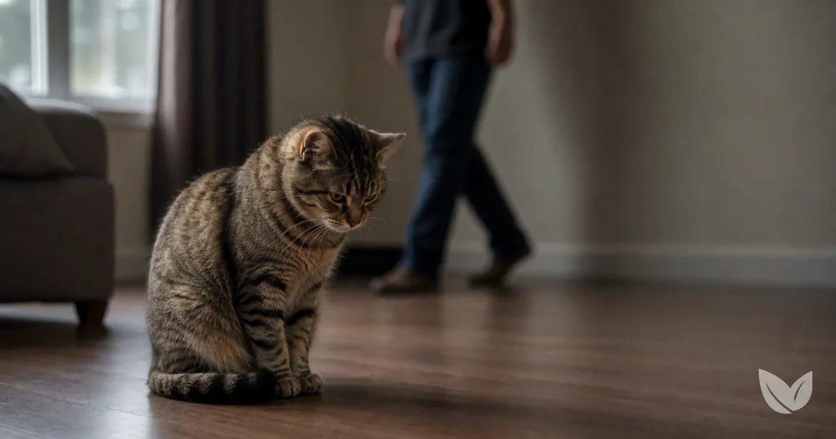 Withdrawn brown tabby cat in a dim living room corner, reflecting depression-like states in cats