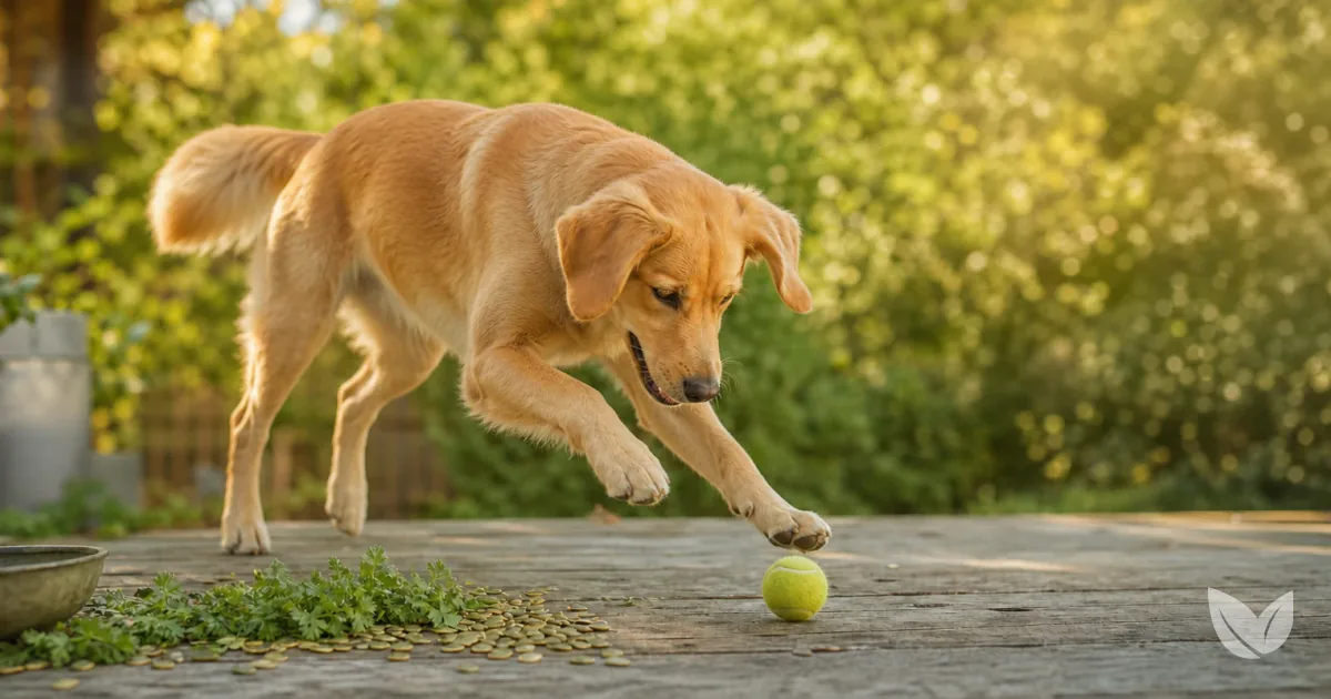 Golden tan dog beside pumpkin seeds and herbs on worn wood, natural dewormers for dogs