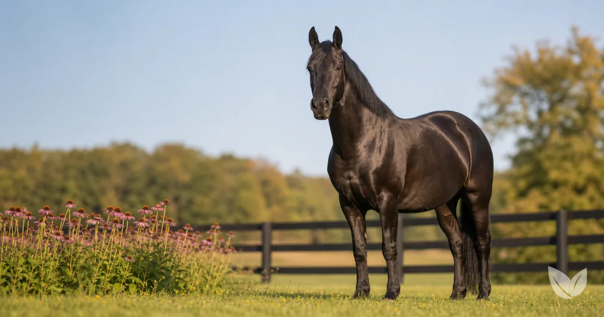 Dapple grey horse in sunny paddock with echinacea plants, supporting equine immune function