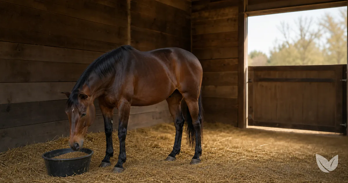 Dapple grey horse showing little interest in feed inside a straw-bedded stable — fenugreek for fussy equine eaters