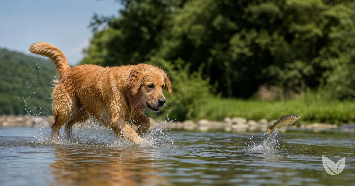 Golden retriever splashing through a sunlit pond — fish oil EPA and DHA for dog coat and joint health