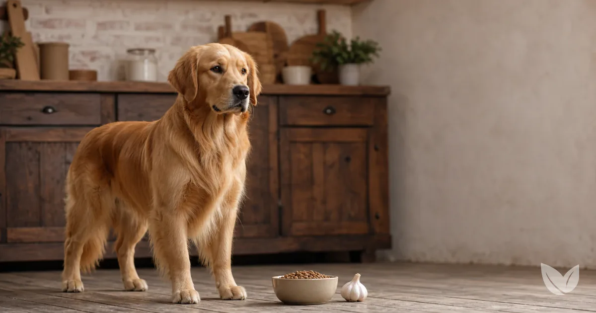 Golden retriever beside a garlic bulb and ceramic bowl on a rustic kitchen surface