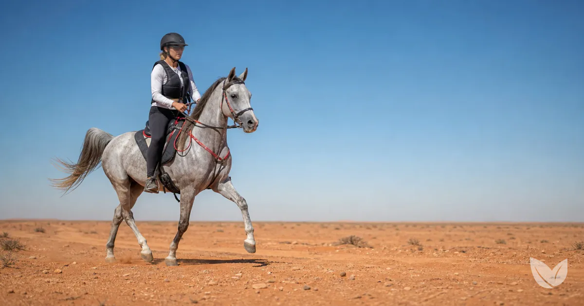 Dapple grey Arabian endurance horse trotting a red-dust desert trail as glycogen reserves deplete over distance