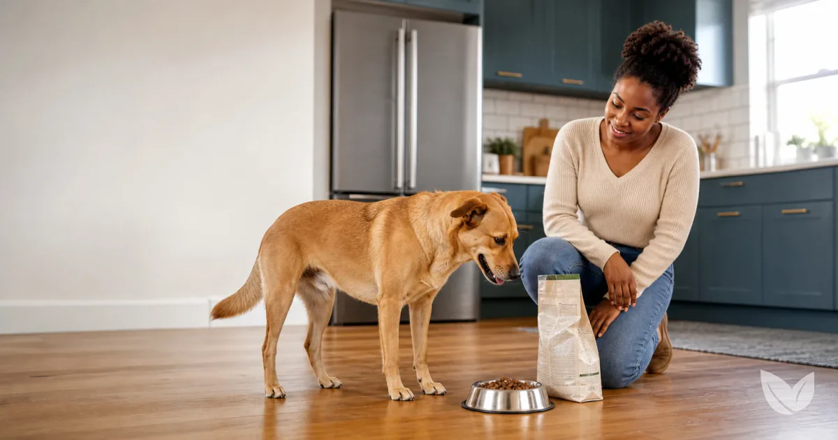 Mixed-breed dog eating from a bowl beside a grain-free dog food bag, owner watching nearby
