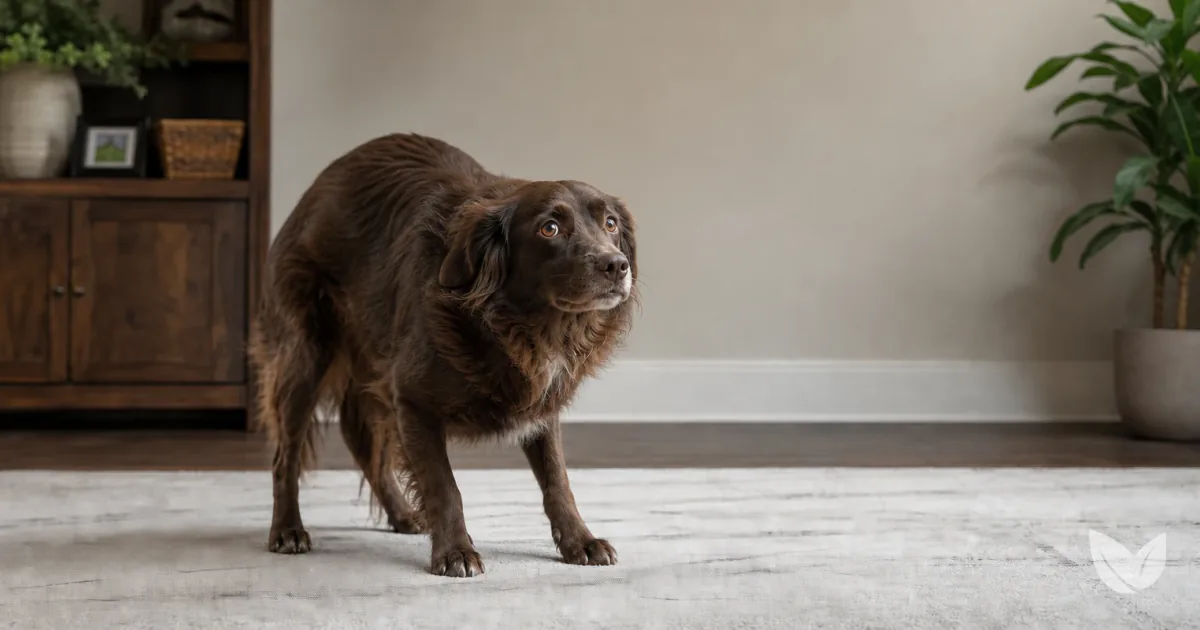 Noise-fearful mixed-breed dog calm on living room floor beside herbal supplement jars