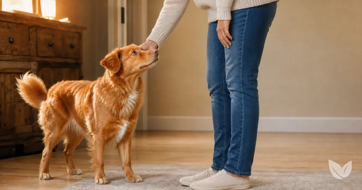 Ginger dog in warm domestic light — owner attachment triggers oxytocin and reward-centre responses in dogs