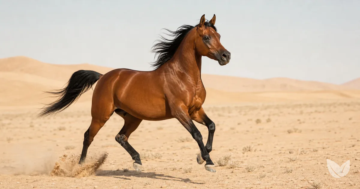 Bay Arabian sport horse working in a sun-baked desert arena, showing heat stress demands on electrolyte and supplement needs