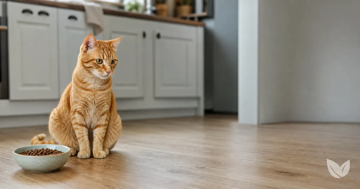 Ginger tabby cat beside a ceramic bowl of dry kibble — high-phosphorus pet food and feline CKD