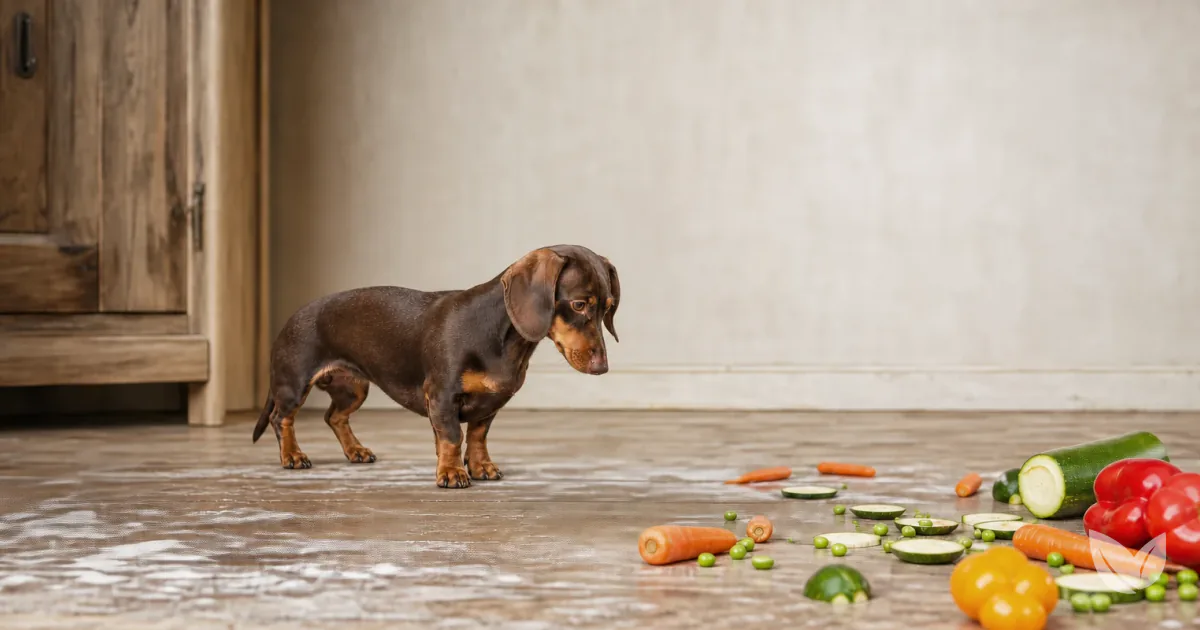 Dachshund among raw carrots, courgette, peppers and peas on a kitchen floor — vegetables dogs can eat