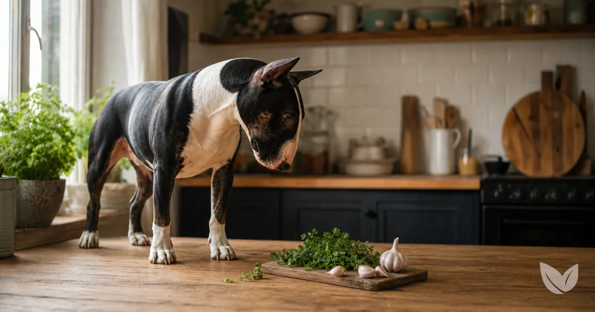 Mixed-breed terrier dog in a kitchen where common culinary herbs are used
