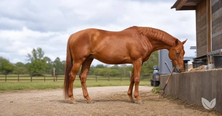 Dapple grey horse at a stable yard feed station with supplement tubs and powder scattered nearby
