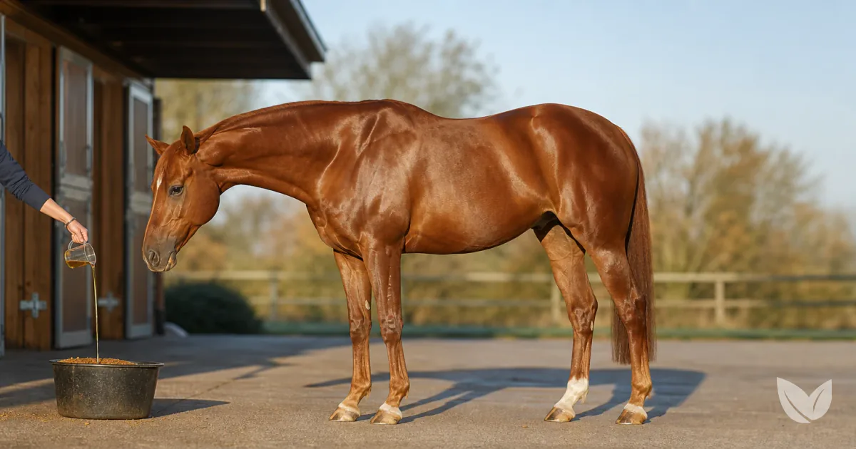 Dapple grey horse at a stable yard as golden oil is poured into a feed bucket