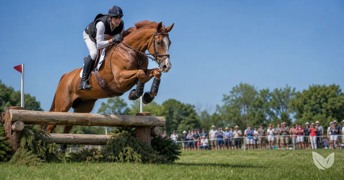 Dapple grey eventer jumping a rustic timber fence on cross-country, fuelled by a high-fibre low-starch diet