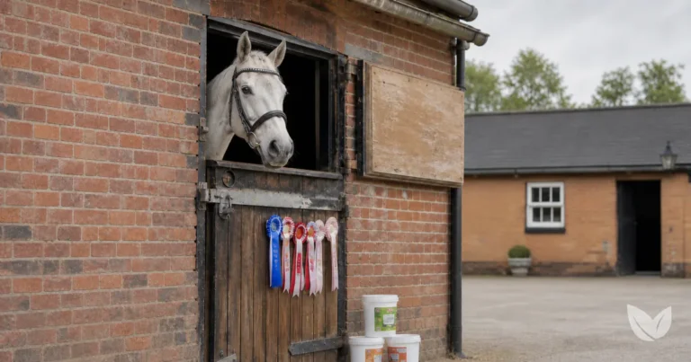 Dapple grey competition horse at yard stable door with rosettes, herbal supplement tubs on ledge nearby