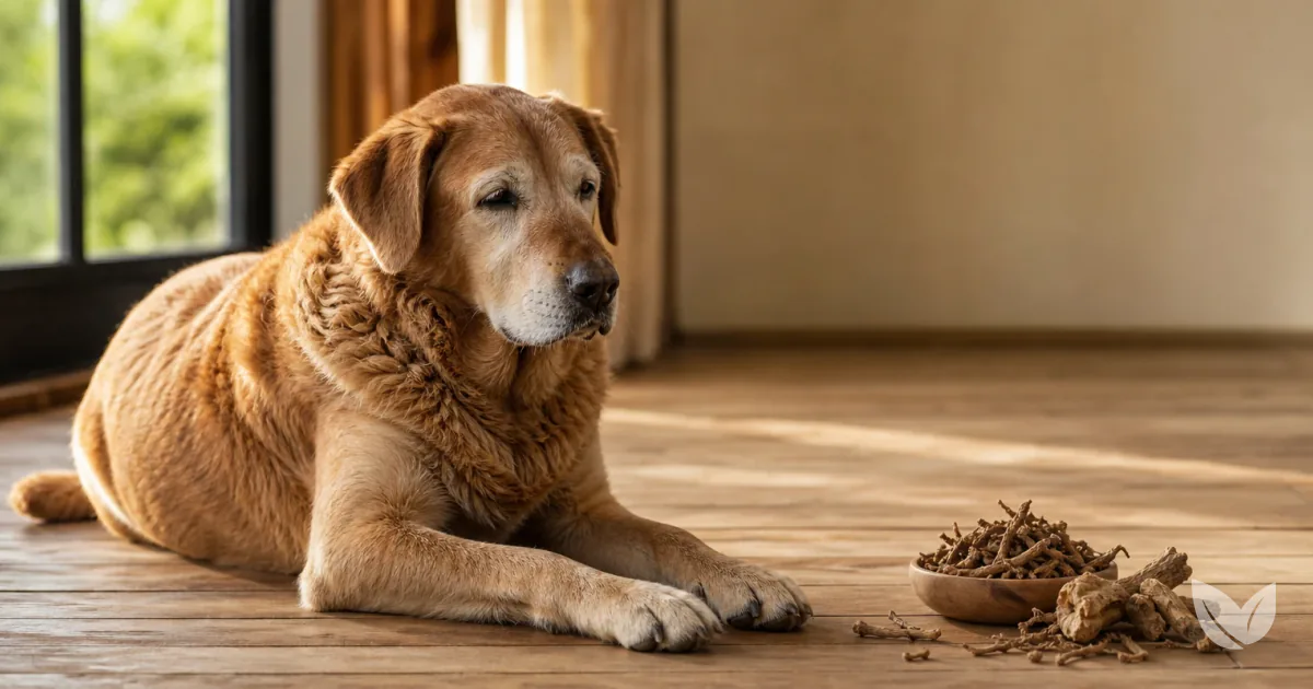Older large-breed ginger dog resting on wooden floor beside devil's claw root, fenugreek seeds, and joint supplement capsules