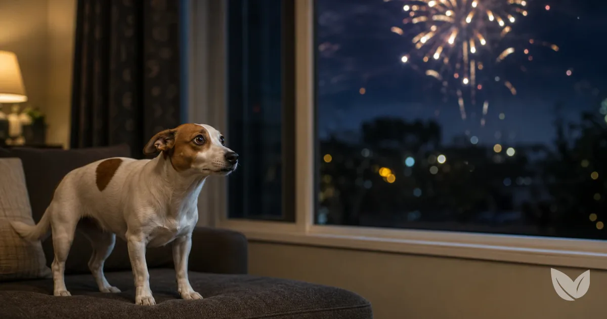 Golden tan dog uneasy on a sofa with fireworks bursting through the window behind