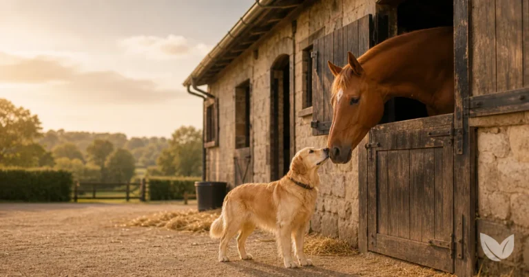 Chestnut horse and tan-and-white spaniel together in a sunny stable yard with clean straw and worn stone