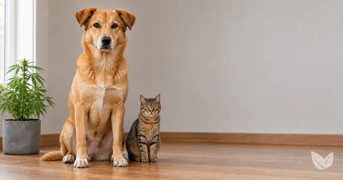 Dog and cat beside a small cannabis plant — CBD dosing risks differ greatly between species