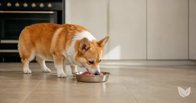 Golden tan dog beside a raw meat bowl — prebiotics vs probiotics for dog gut health