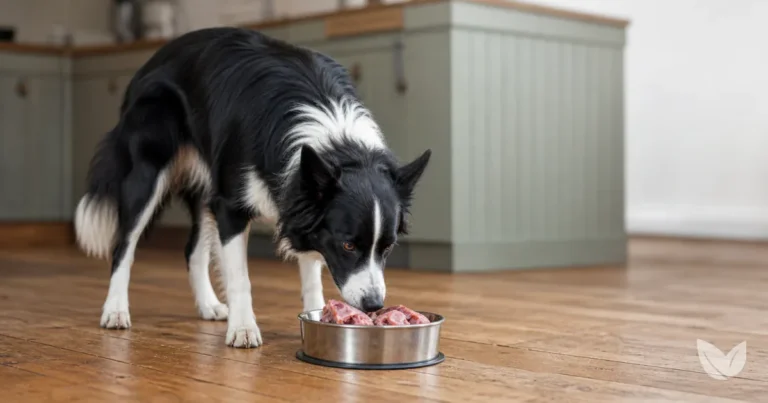 Border collie beside a stainless steel bowl of raw meat and bone on a kitchen floor