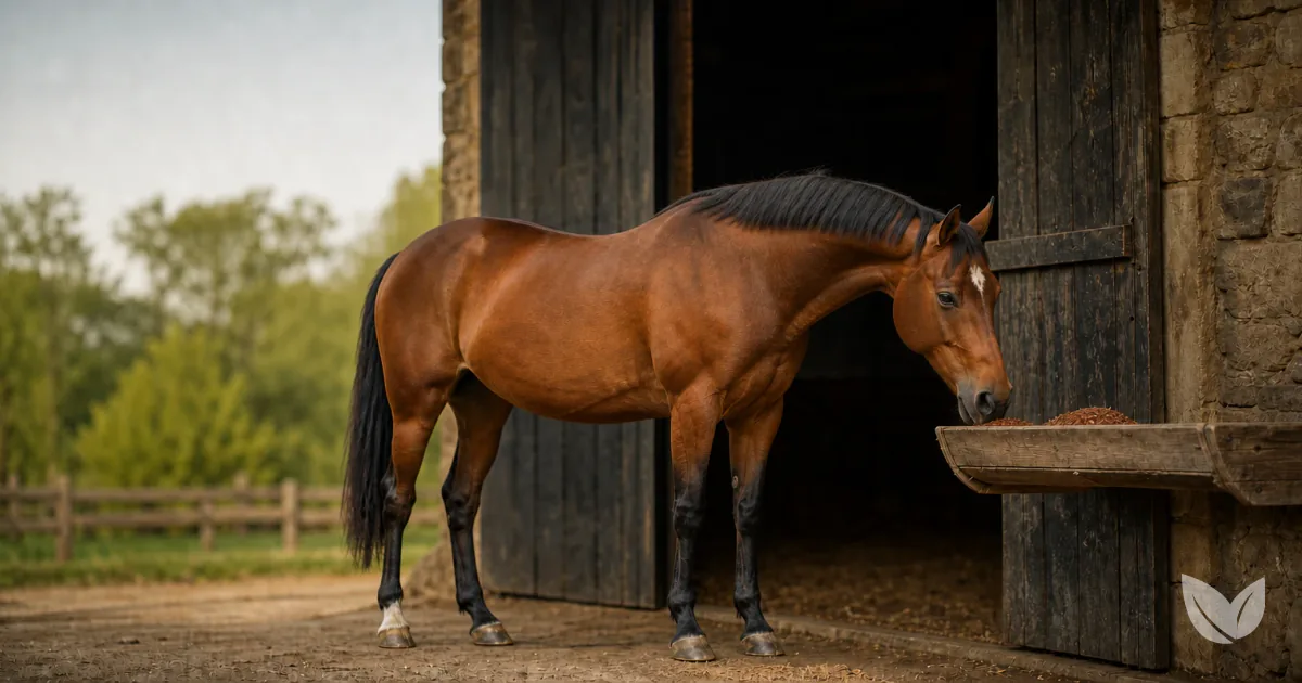 Bay horse at stable door with dried rooibos on the feed shelf — antioxidant herb for horses