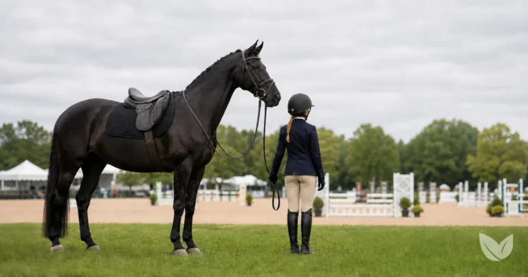 Dapple grey sport horse standing calm at showjumping arena on Siberian ginseng adaptogen for horses