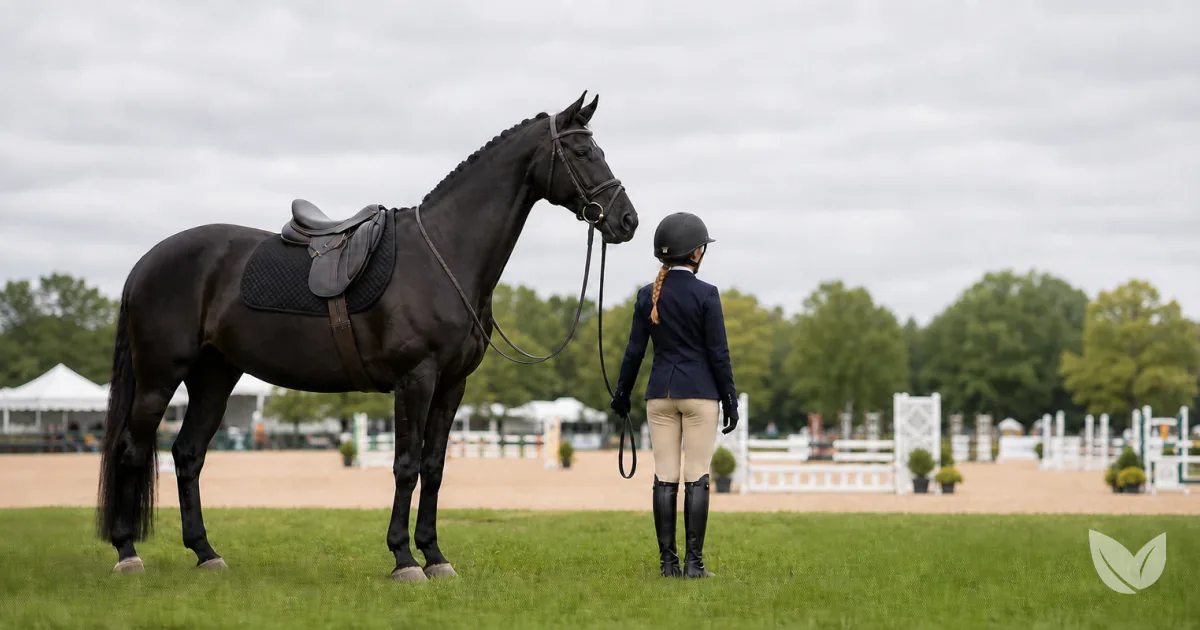 Dapple grey sport horse standing calm at showjumping arena on Siberian ginseng adaptogen for horses
