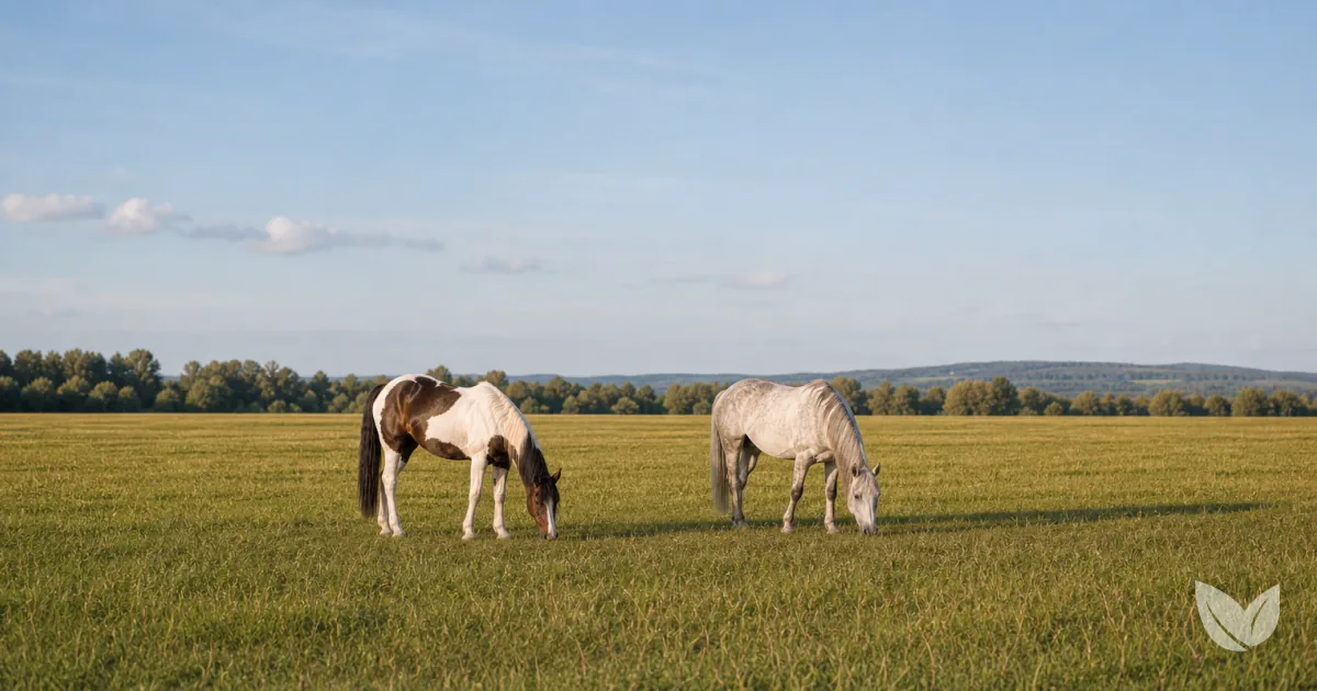 Dapple grey horse grazing contentedly in open pasture with long grass and hay, warm afternoon light