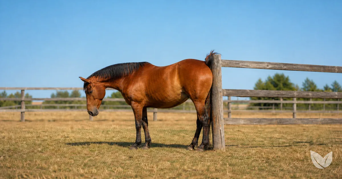 Dapple grey horse showing sweet itch discomfort in a sunny summer paddock with post-and-rail fencing