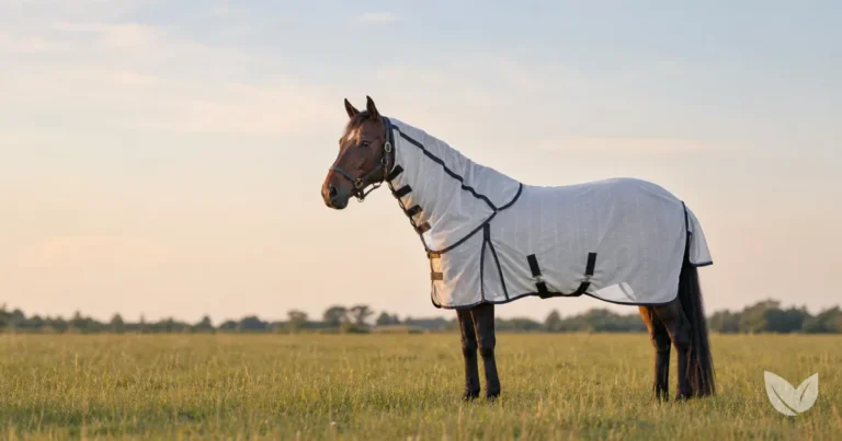 Dapple grey horse in a summer paddock at dusk, peak Culicoides midge activity time for sweet itch