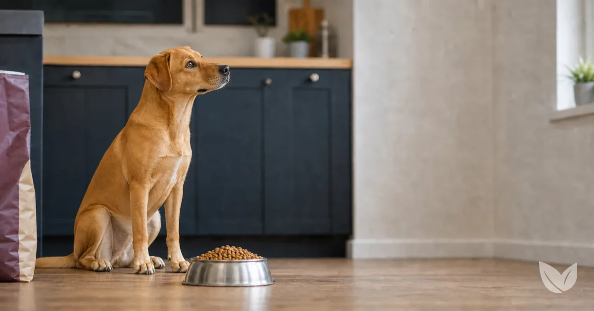 Golden tan dog beside a bowl of dry kibble and a boldly labelled pet food bag