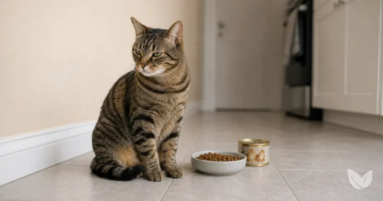 Brown mackerel tabby cat beside a ceramic bowl and branded tin of complete and balanced cat food