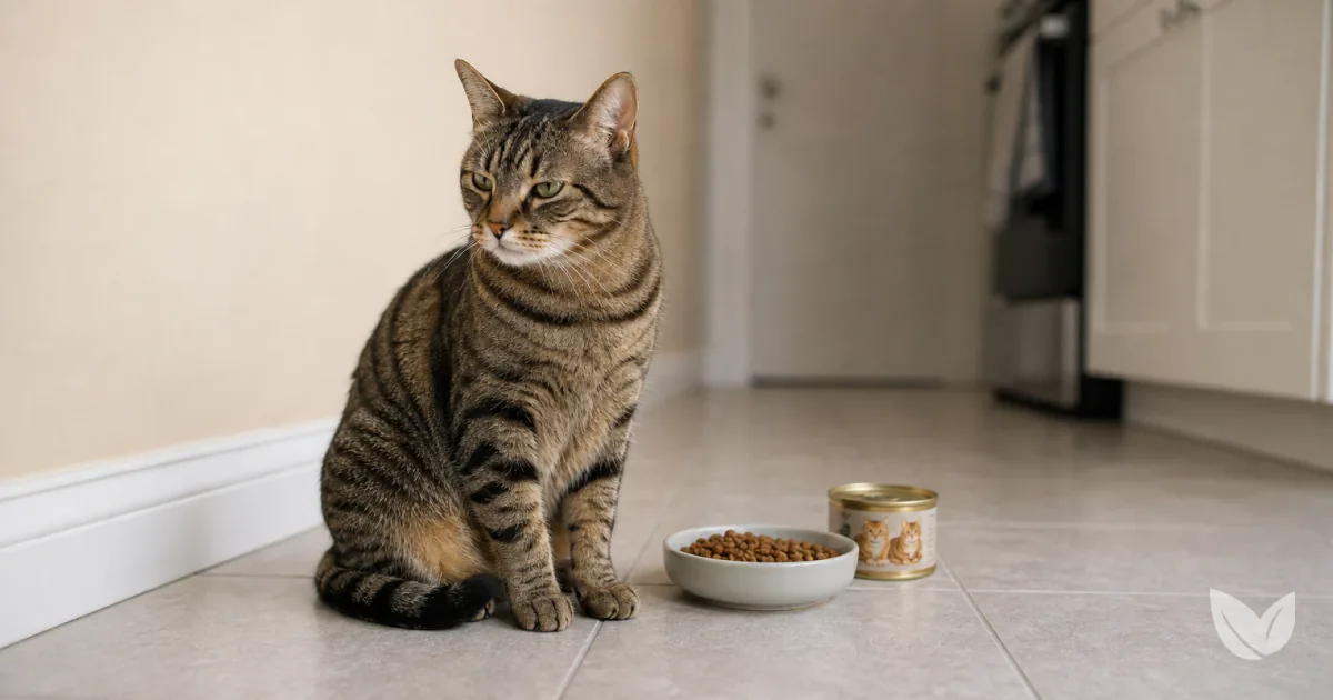 Brown mackerel tabby cat beside a ceramic bowl and branded tin of complete and balanced cat food