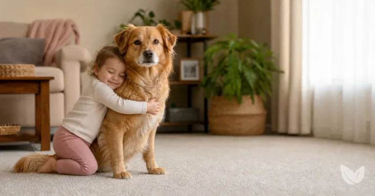 Golden tan family dog on living room floor after fipronil flea spray application