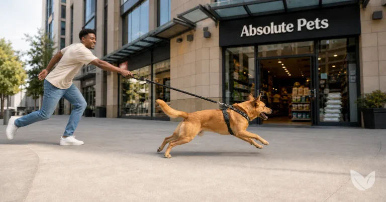 Energetic ginger mixed-breed dog outside an Absolute Pets store stocking The Herbal Pet