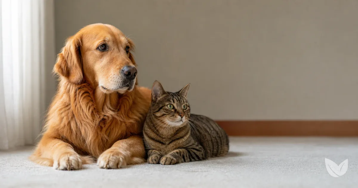 Golden dog and tabby cat beside sweet wormwood, turmeric root and rooibos — herbs with cancer evidence for pets