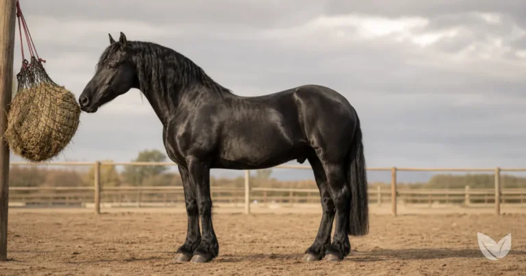 Dapple grey horse in a bare sandy paddock with no grass, where daily vitamin A intake is critical