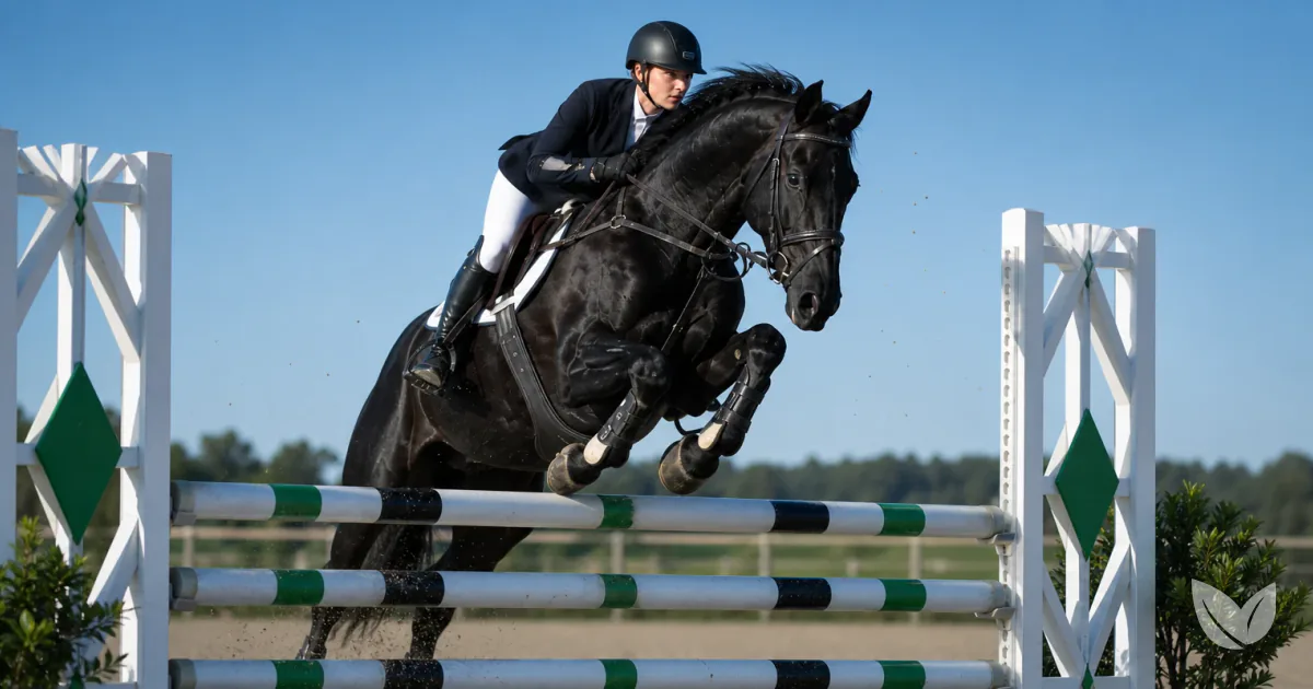 Dapple grey sport horse mid-jump over coloured poles — diet and soundness across every life stage